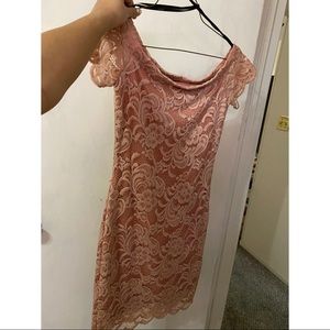 Pink scalloped lace body con dress